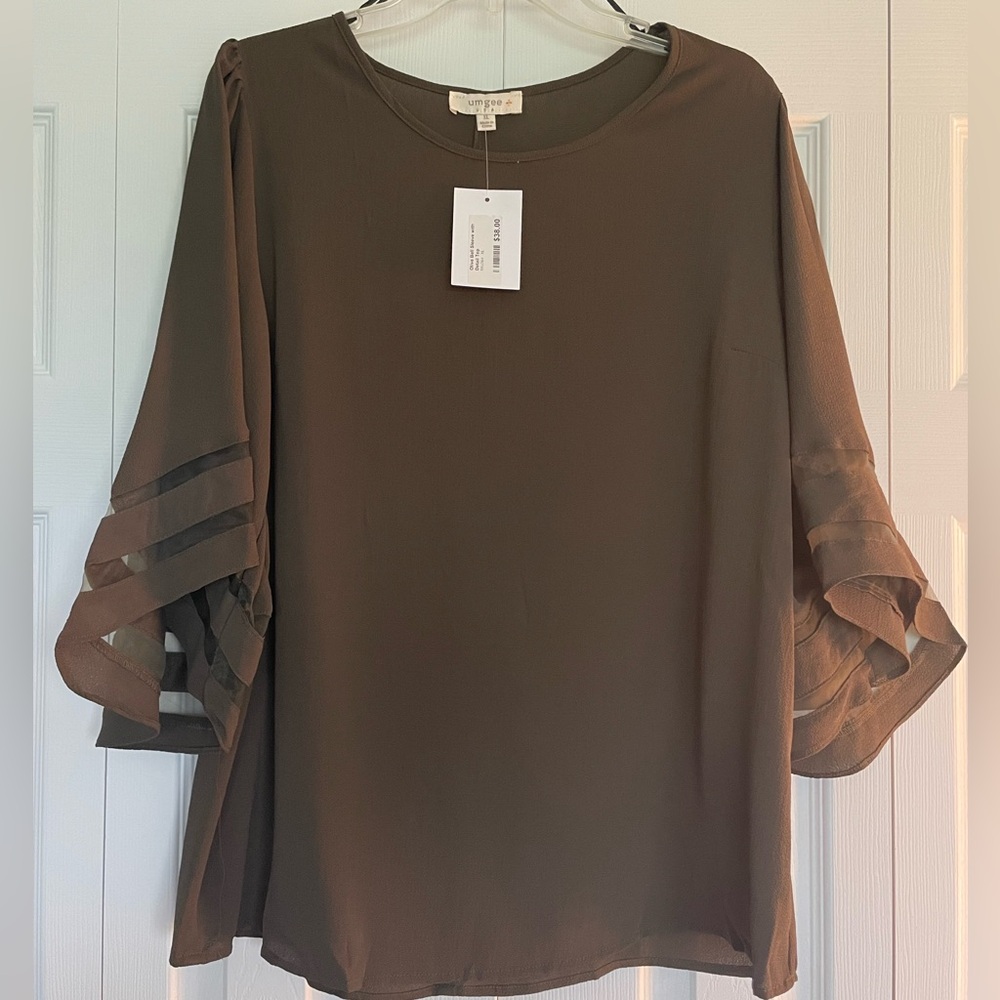 Umgee Brown Sheer Sleeve Blouse